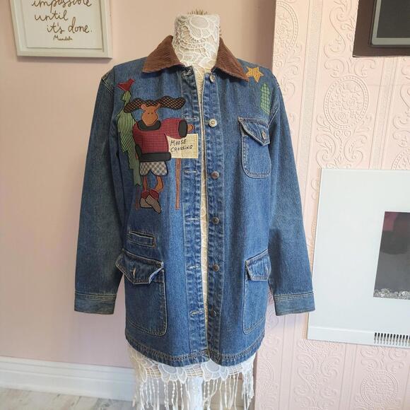 EUC Land of Loons Unique moose crossing embroidered Small jacket coat - Picture 5 of 8